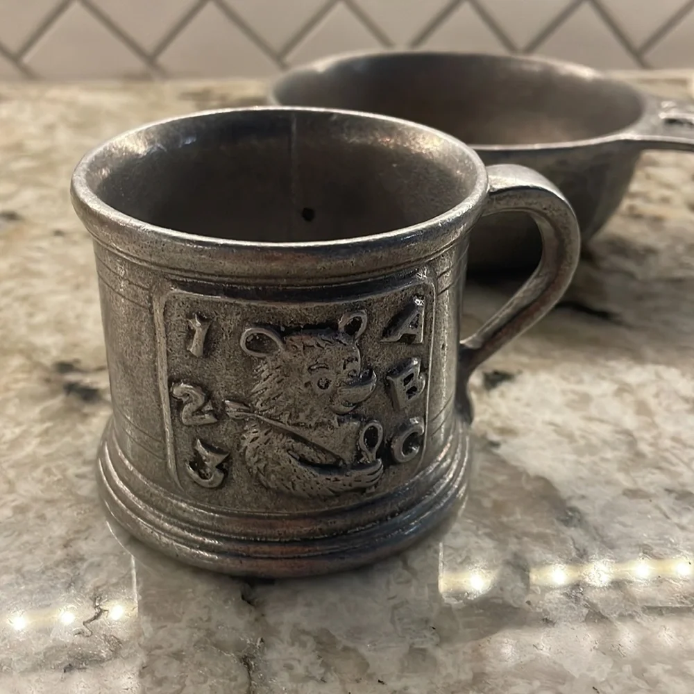 Vintage Carson Pewter Kids Bowl and Mug‎ with Bears